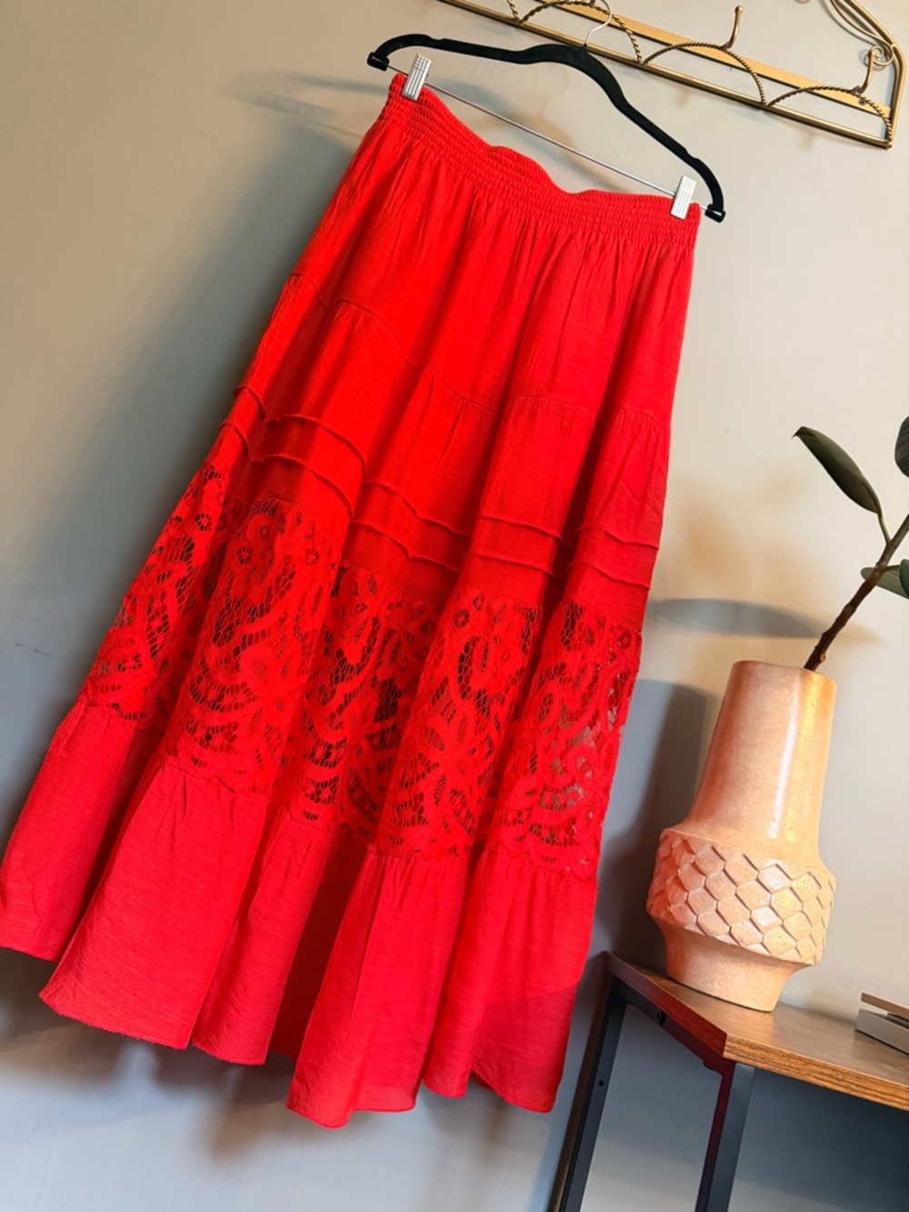 Red Lace Inset Tiered Maxi Skirt Boho Peasant Festival Cottagecore Large